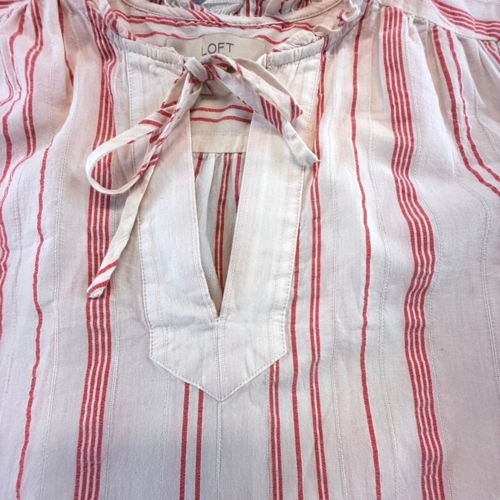 LOFT Red Ivory Striped Cotton Ruffle Tie Neck Puff Sleeve Blouse Peasant Small - Picture 3 of 8